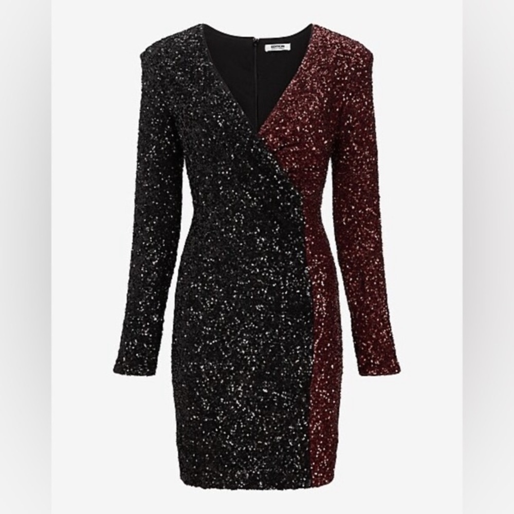 NWT Express Sequin Color Block Faux Wrap Mini Dress Espresso Black - Picture 6 of 15